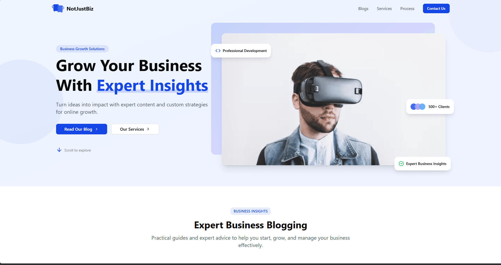 The NotJustBiz homepage: Grow your business with expert insights